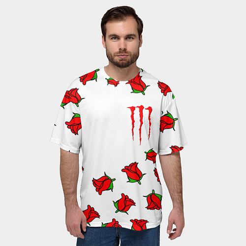 Мужская футболка оверсайз Monster energy steel rose / 3D-принт – фото 3
