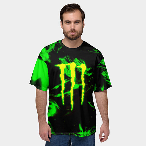 Мужская футболка оверсайз Monster energy кислотное лого огонь / 3D-принт – фото 3