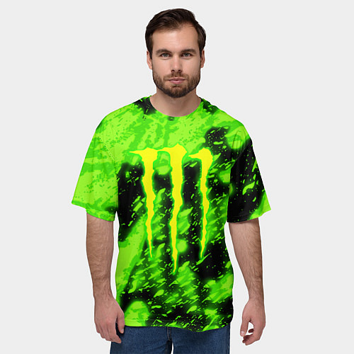 Мужская футболка оверсайз Monster energy кислотное лого / 3D-принт – фото 3