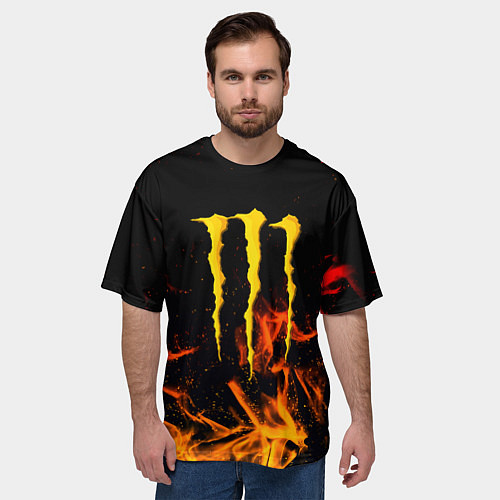 Мужская футболка оверсайз Monster energy orange fire / 3D-принт – фото 3