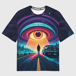 Футболка оверсайз мужская НЛО в форме глаза и человек на дороге, цвет: 3D-принт