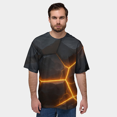 Мужская футболка оверсайз Черные плиты с оранжевой молнией / 3D-принт – фото 3