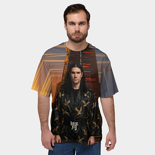 Мужская футболка оверсайз Bones в халате с журавлями / 3D-принт – фото 3