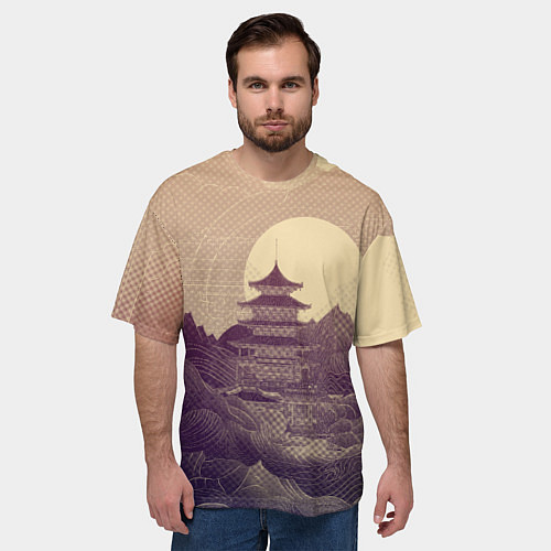 Мужская футболка оверсайз Ретро иллюстрация Японского храма / 3D-принт – фото 3