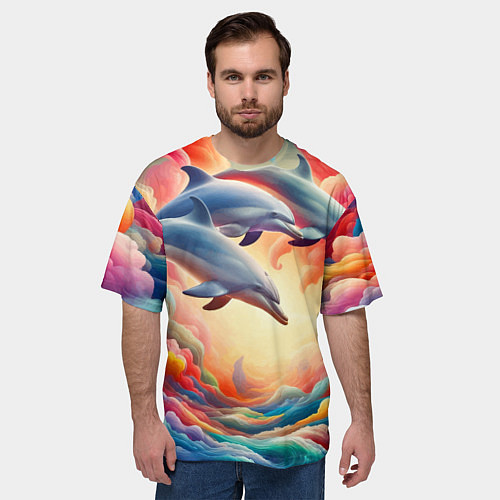 Мужская футболка оверсайз Три небесных дельфина - нейроарт фантазия / 3D-принт – фото 3