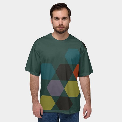 Мужская футболка оверсайз Кластер шестигранников зеленая ночь с однотоном / 3D-принт – фото 3