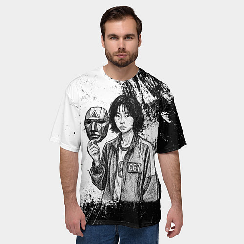 Мужская футболка оверсайз Squid Game Игрок 067 держит маску / 3D-принт – фото 3