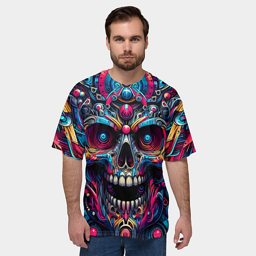 Мужская футболка оверсайз Colorful cyber skull - pattern / 3D-принт – фото 3