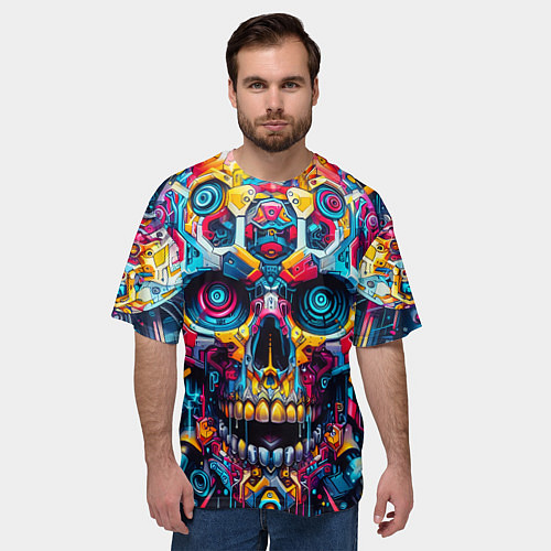Мужская футболка оверсайз Кибер череп - нейроарт паттерн / 3D-принт – фото 3