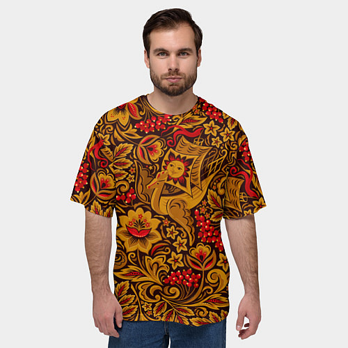 Мужская футболка оверсайз Летучий корабль в стиле хохломской росписи / 3D-принт – фото 3