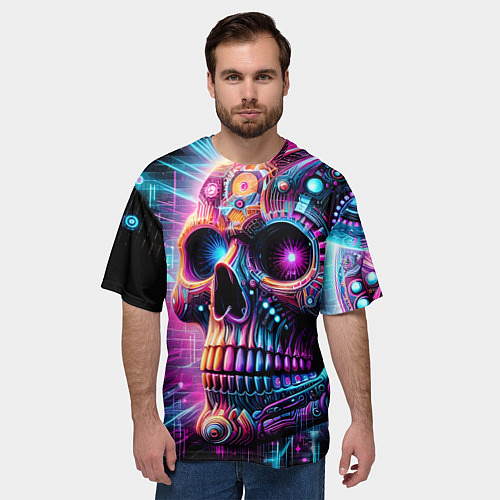 Мужская футболка оверсайз Neon cyber skull / 3D-принт – фото 3