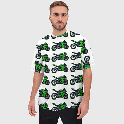 Мужская футболка оверсайз Motorbike green / 3D-принт – фото 3