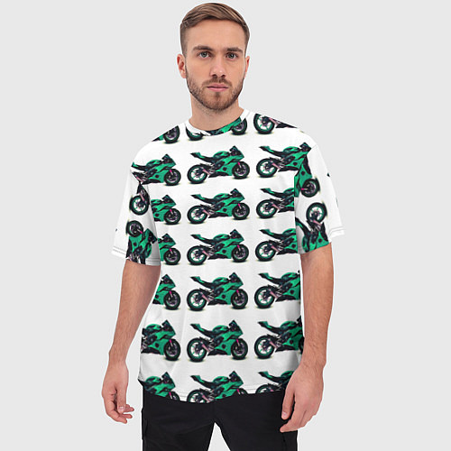 Мужская футболка оверсайз Motorcycle turquoise / 3D-принт – фото 3