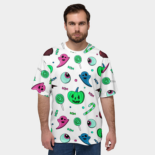 Мужская футболка оверсайз Halloween light green pumpkin - паттерн / 3D-принт – фото 3
