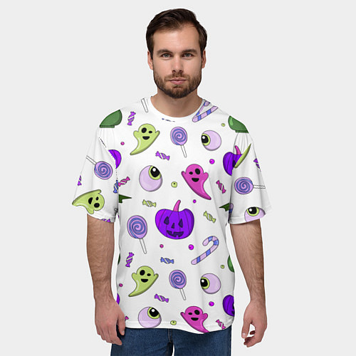 Мужская футболка оверсайз Halloween purple pumpkin pattern / 3D-принт – фото 3