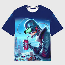 Футболка оверсайз мужская Кибер Бендер пьёт лимонад - неоновое свечение, цвет: 3D-принт