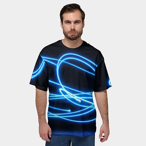 Мужская футболка оверсайз Неоновые голубые волны на черном фоне / 3D-принт – фото 3