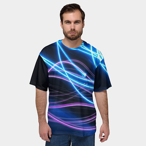 Мужская футболка оверсайз Неоновая абстракция на темном / 3D-принт – фото 3