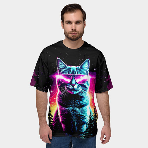 Мужская футболка оверсайз Космический кот в очках / 3D-принт – фото 3