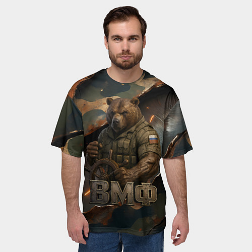 Мужская футболка оверсайз ВМФ медведь у штурвала на фоне камуфляжа / 3D-принт – фото 3