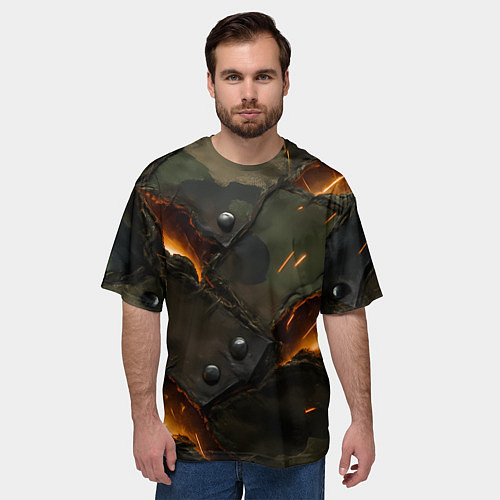 Мужская футболка оверсайз Порванная камуфляжная ткань с огнем / 3D-принт – фото 3