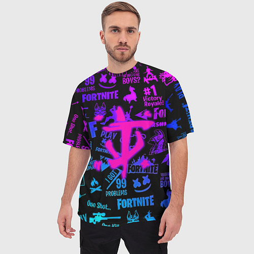 Мужская футболка оверсайз Fortnite x doom neon logo / 3D-принт – фото 3