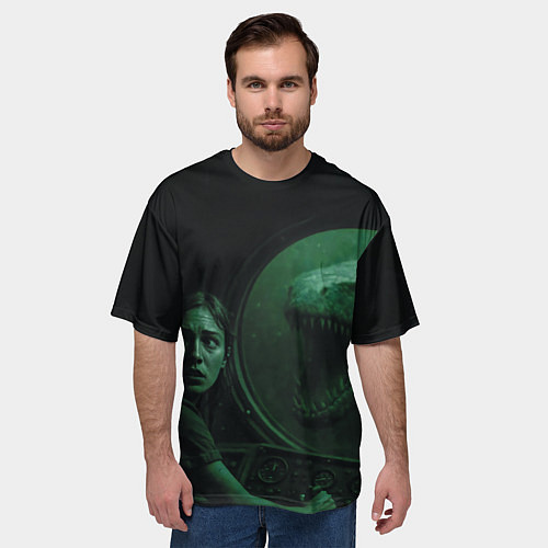 Мужская футболка оверсайз На батискаф с девушкой нападает Тилозавр ужасы / 3D-принт – фото 3