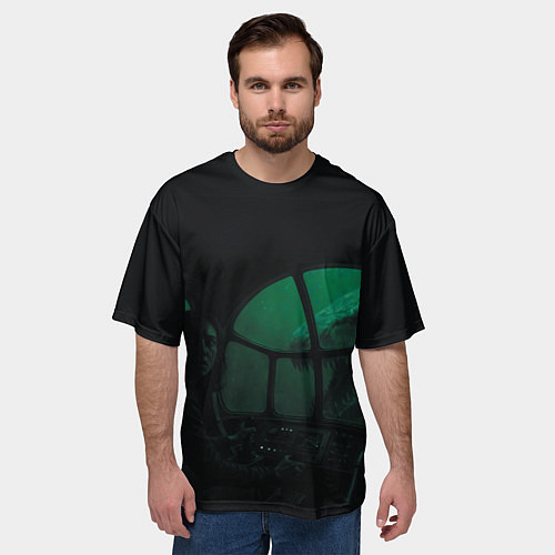 Мужская футболка оверсайз Нападение Тилозавра на девушку в батискафе ужасы / 3D-принт – фото 3