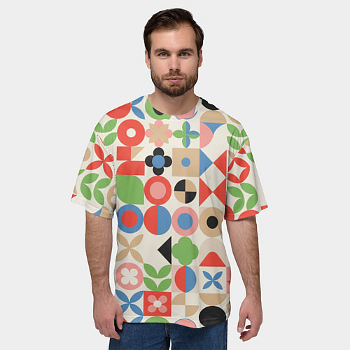 Мужская футболка оверсайз Геометрический узор с цветочными элементами - ретр / 3D-принт – фото 3