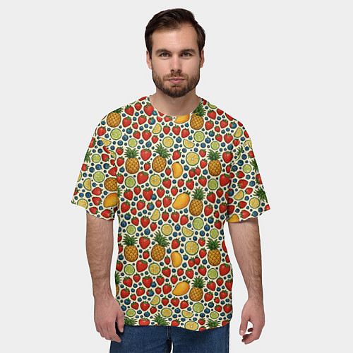 Мужская футболка оверсайз Фрукты и ягоды в паттерне / 3D-принт – фото 3