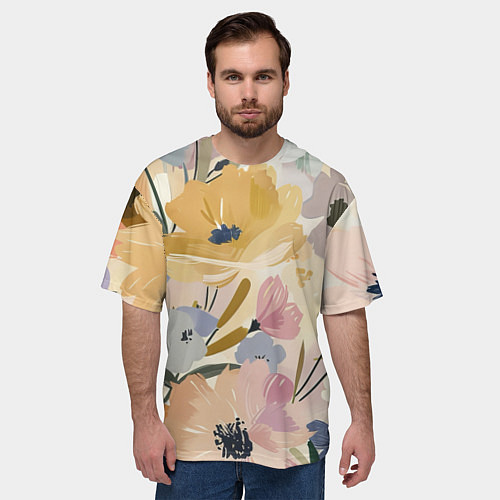 Мужская футболка оверсайз Цветы акварель / 3D-принт – фото 3