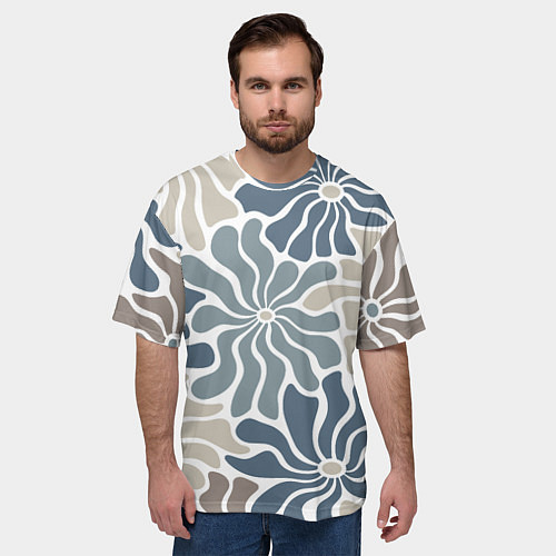 Мужская футболка оверсайз Цветы blue and beige pattern / 3D-принт – фото 3