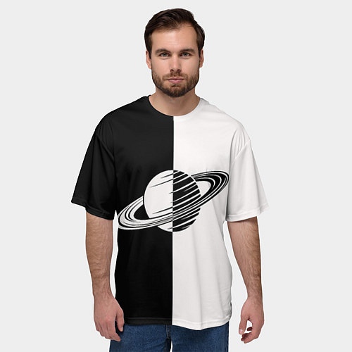 Мужская футболка оверсайз Сатурн черно-белый / 3D-принт – фото 3