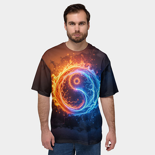 Мужская футболка оверсайз Инь ян огонь и лёд / 3D-принт – фото 3