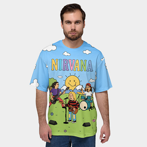 Мужская футболка оверсайз Nirvana мультяшный стиль на поляне / 3D-принт – фото 3