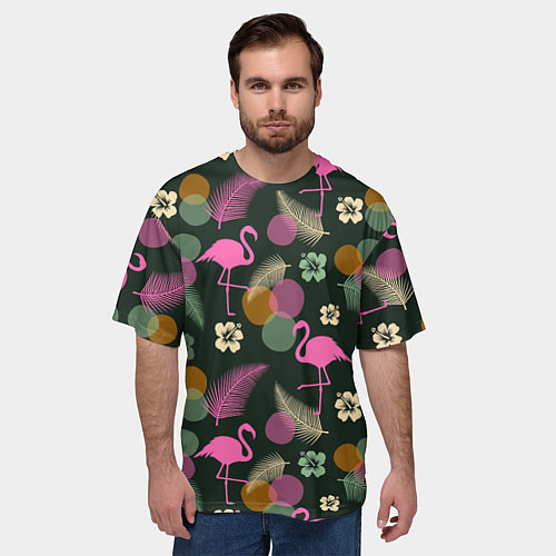 Мужская футболка оверсайз Фламинго и листья на темно-зеленом / 3D-принт – фото 3