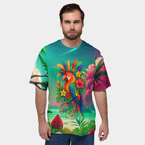 Мужская футболка оверсайз Попугай и тропики / 3D-принт – фото 3