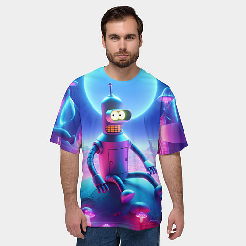 Мужская футболка оверсайз Bender bending robot on the amazing neon mushroom / 3D-принт – фото 3