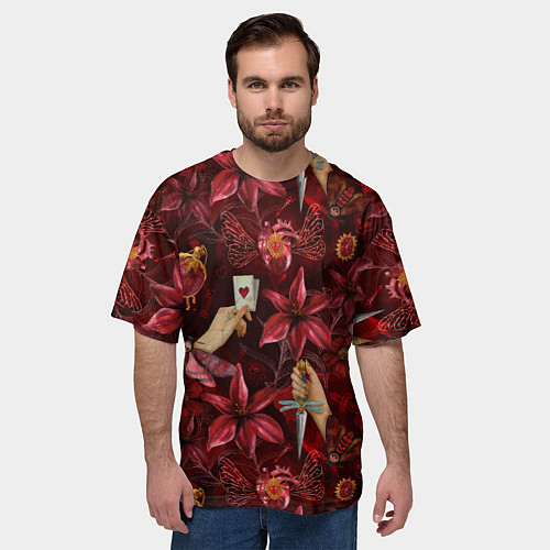 Мужская футболка оверсайз Бордовая готика с сердцем, лилиями и мотыльками / 3D-принт – фото 3