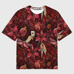 Футболка оверсайз мужская Бордовая готика с сердцем, лилиями и мотыльками, цвет: 3D-принт