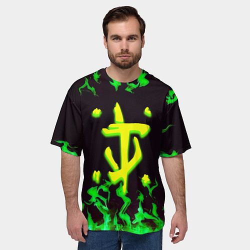 Мужская футболка оверсайз Doom зелёный огонь / 3D-принт – фото 3