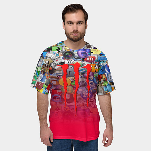 Мужская футболка оверсайз Monster energy social stiker / 3D-принт – фото 3