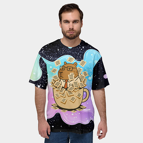 Мужская футболка оверсайз Менеджер капибара в кружке в стикерах / 3D-принт – фото 3