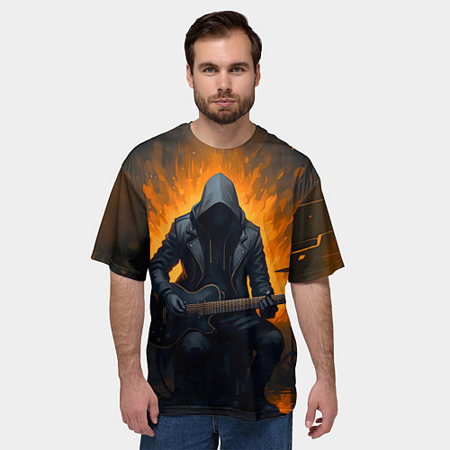 Мужская футболка оверсайз Гитарист играющий в пламени / 3D-принт – фото 3
