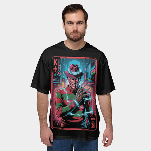 Мужская футболка оверсайз Кибер Фредди Крюгер в Неоновом городе / 3D-принт – фото 3
