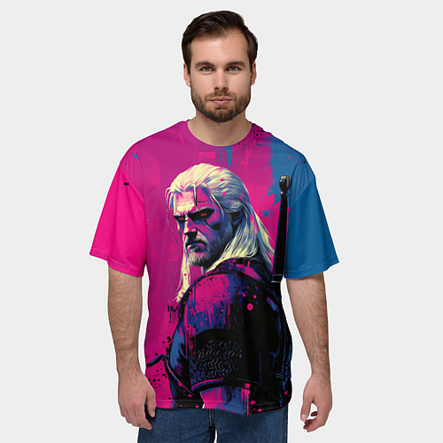 Мужская футболка оверсайз Ведьмак стоит боком / 3D-принт – фото 3