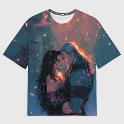Футболка оверсайз мужская Йеннифэр и Геральт и розовые лепестки, цвет: 3D-принт