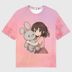 Футболка оверсайз мужская Девочка обнимает зайцика в аниме, цвет: 3D-принт
