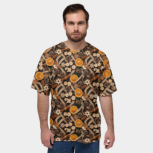 Мужская футболка оверсайз Новогодний орнамент с корицей и дольками апельсина / 3D-принт – фото 3