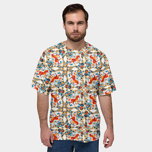 Мужская футболка оверсайз Орнамент с лошадью - символом Нового 2026 года / 3D-принт – фото 3